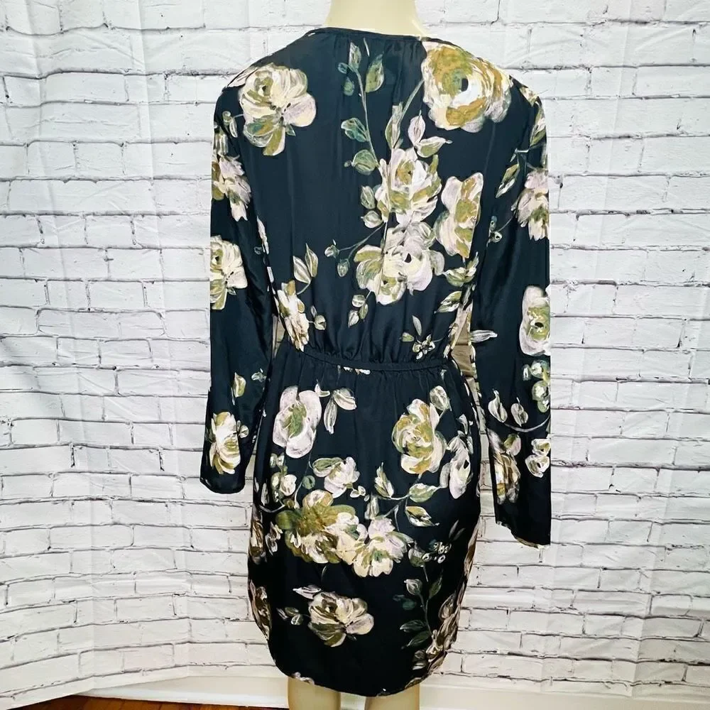 J. Crew Black Tulip Hem Knee Length Long Sleeve Floral Faux wrap  Dress Size 8